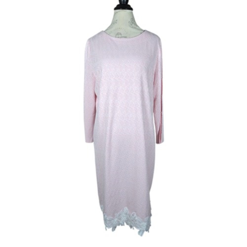 Ming Wang Womens L Pink Textured Knit Lace Hem Slit Sleeve Shift Dress
